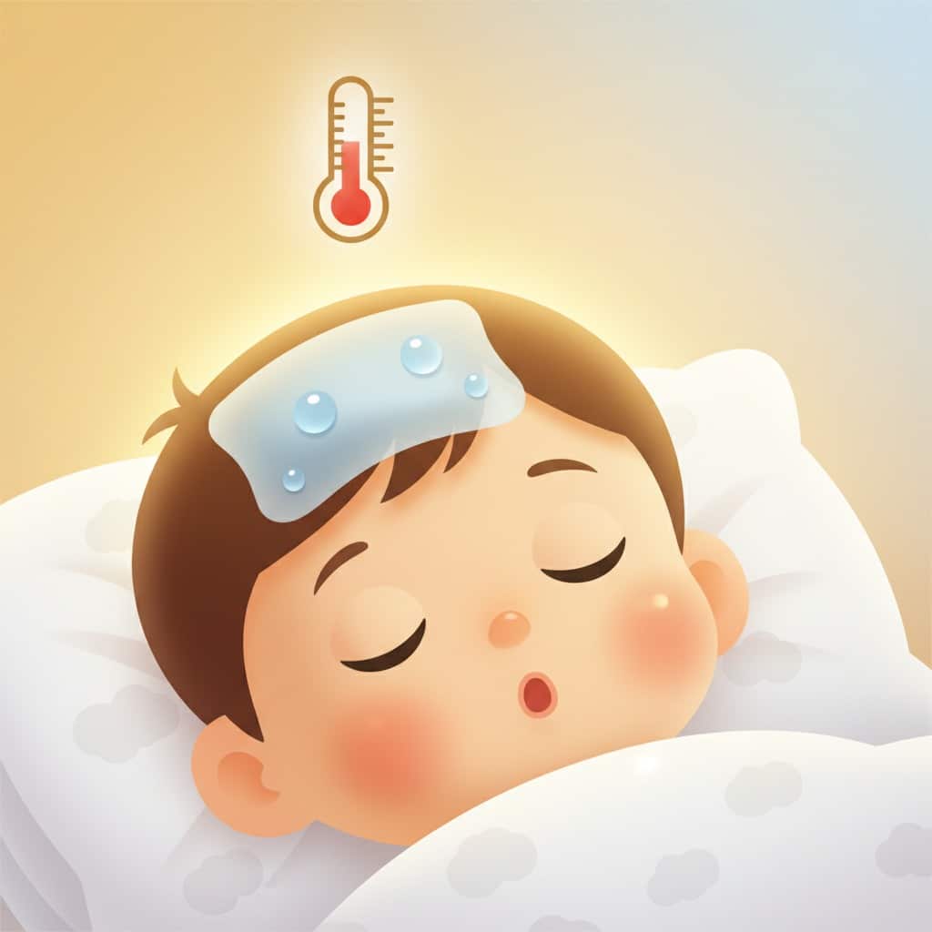 An illustrated child with a fever sleeps in bed with a cool compress on their forehead and a glowing thermometer floating above.
