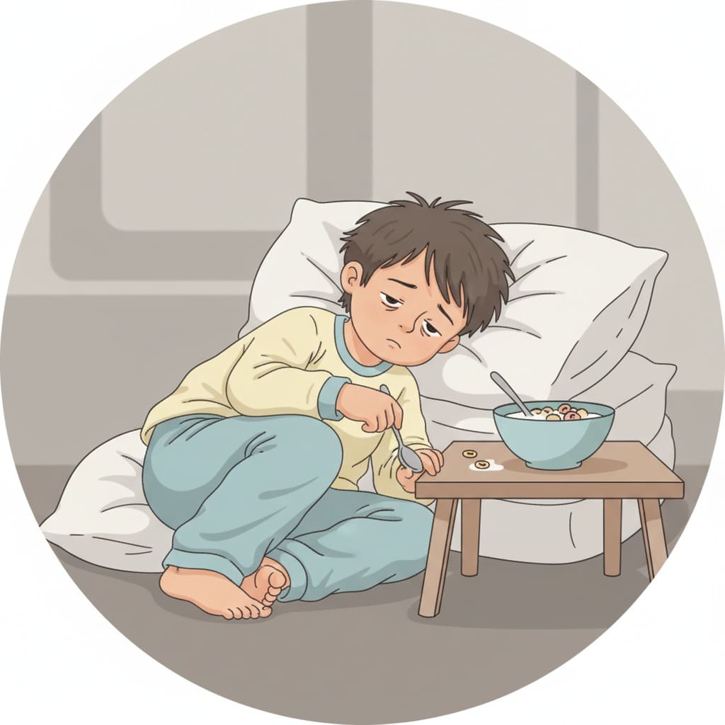 An exhausted young boy in pajamas sits on the floor with a bowl of cereal and a spoon on a small table.