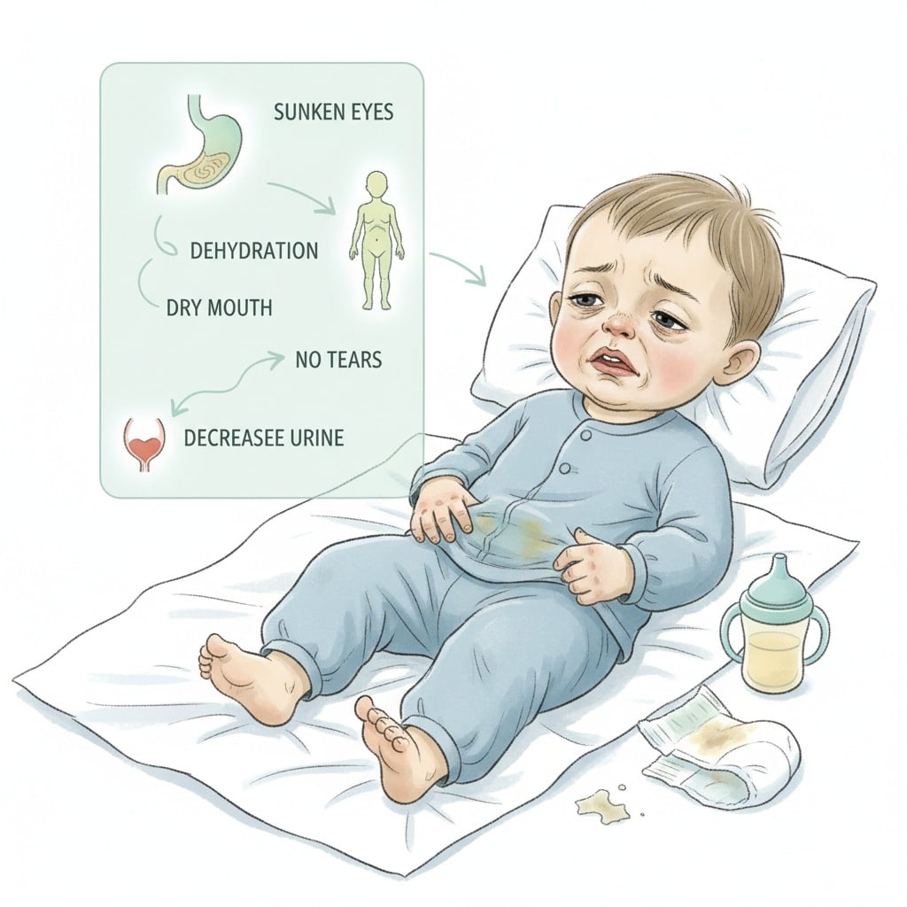 A medical illustration shows an upset, dehydrated baby lying in bed with a diagram listing symptoms such as dry mouth and sunken eyes.