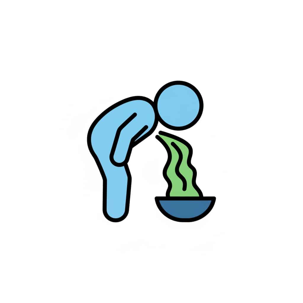 A light blue stick figure is bending over and vomiting green fluid into a dark blue bowl.
